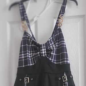 Plaid Black and White Dress with Gold Accents